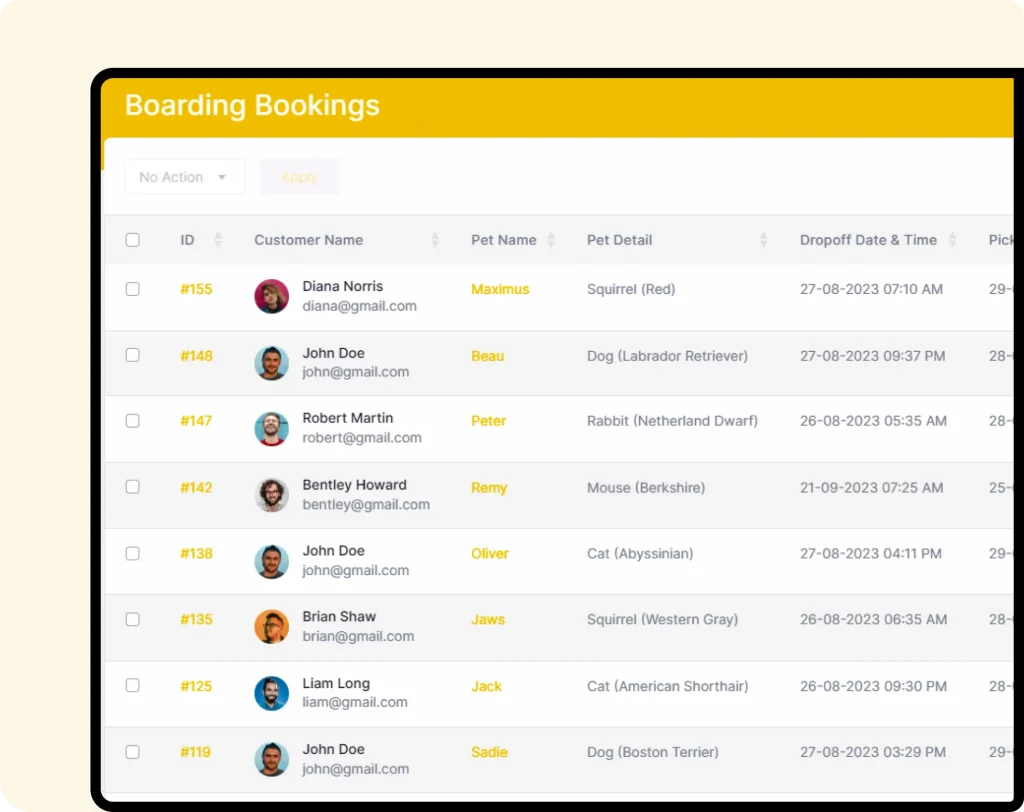 Interface of furzoy software which shows Dog Boarding Bookings List