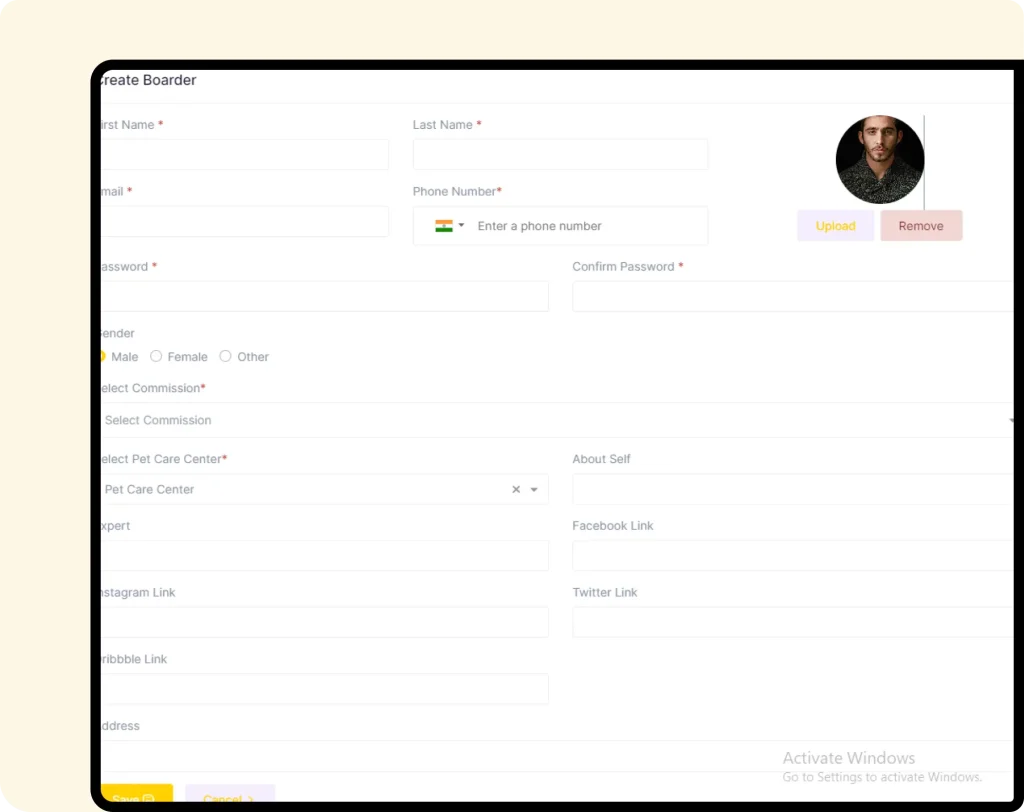 Interface of furzoy software which shows Create dog Boarding and fill the information of dog parent.