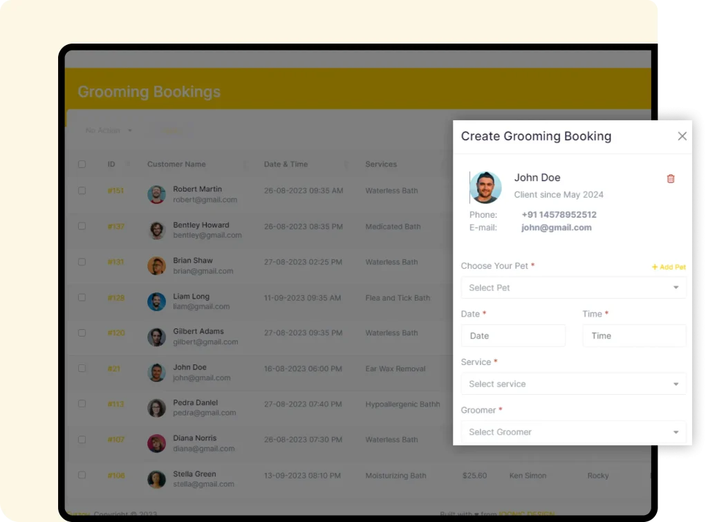 Interface of furzoy software which shows Create Grooming Booking