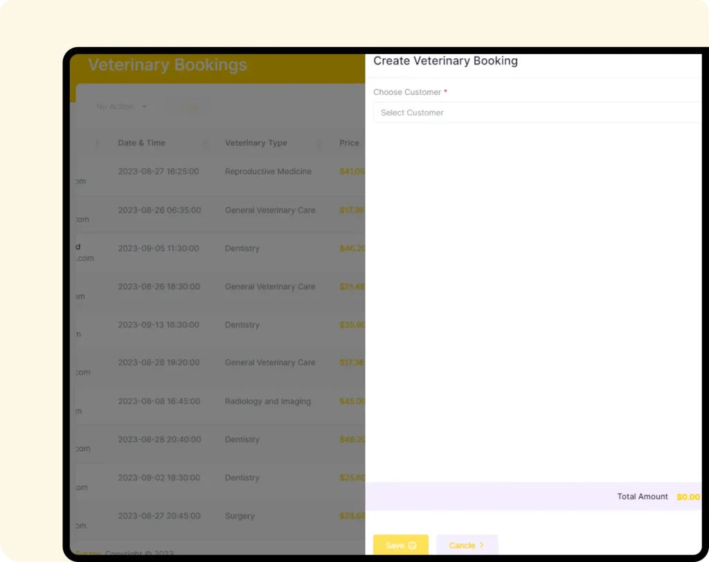 Interface of furzoy software which shows Create Veterinary Booking