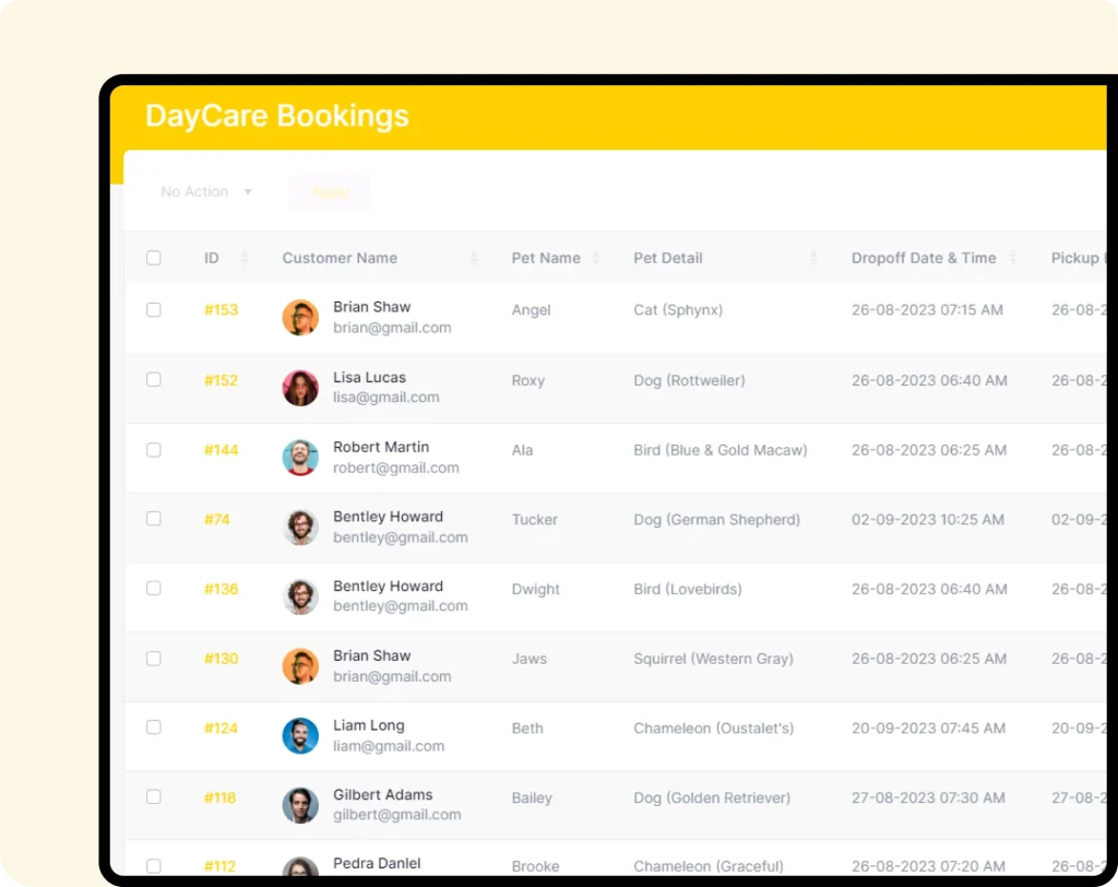 Interface of furzoy software which shows Dog Daycare Bookings