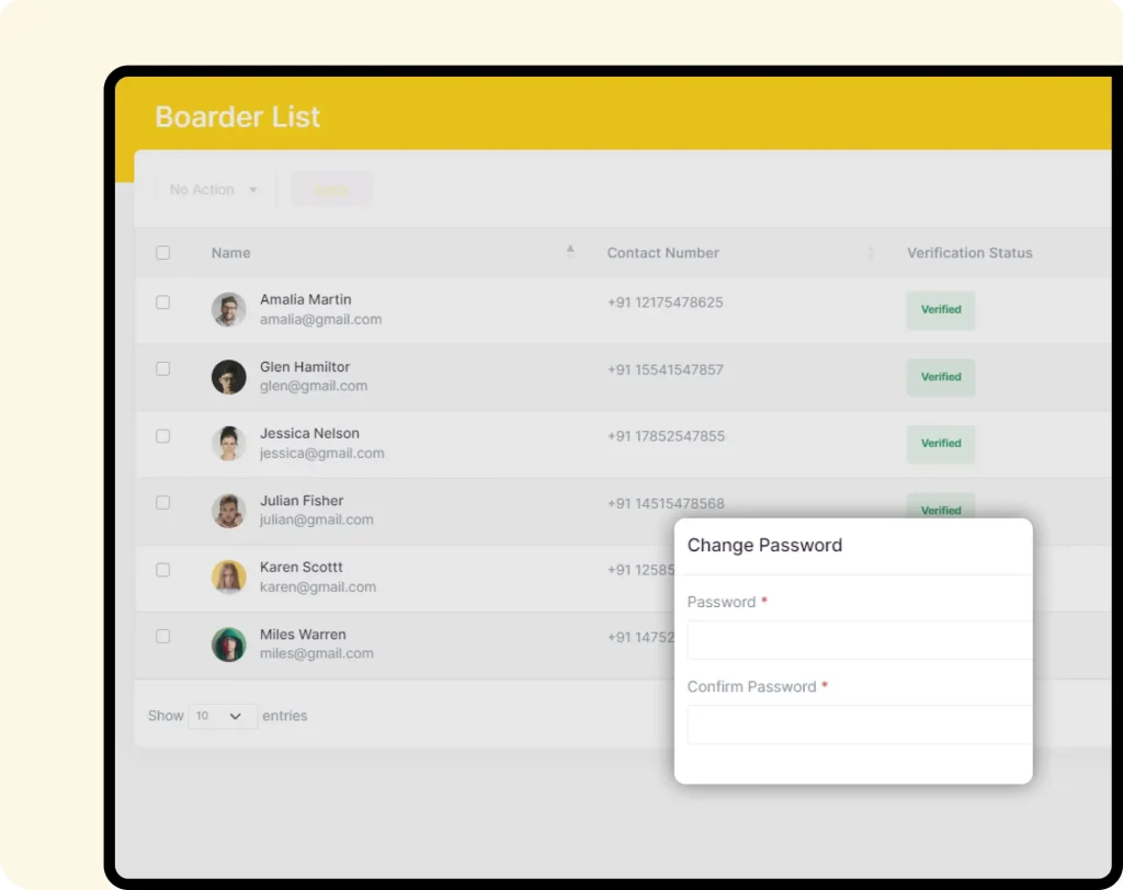 Interface of furzoy software which shows Change Passwords of Boarders