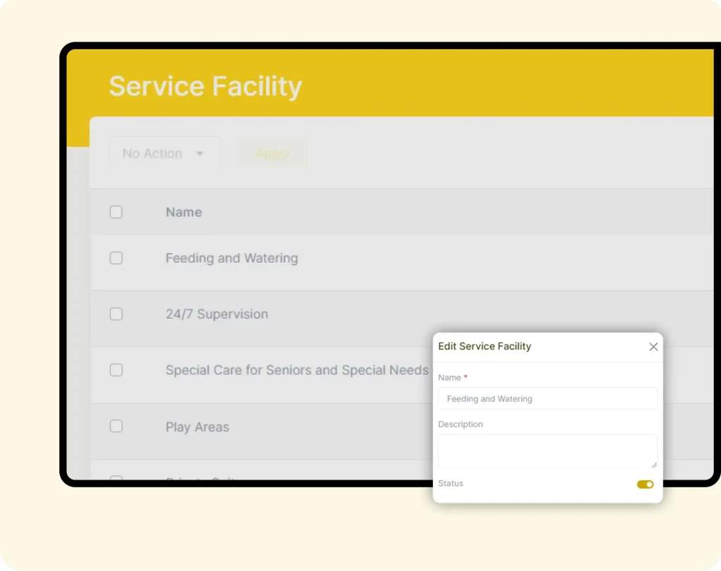 Interface of furzoy software which shows Edit Service Facility