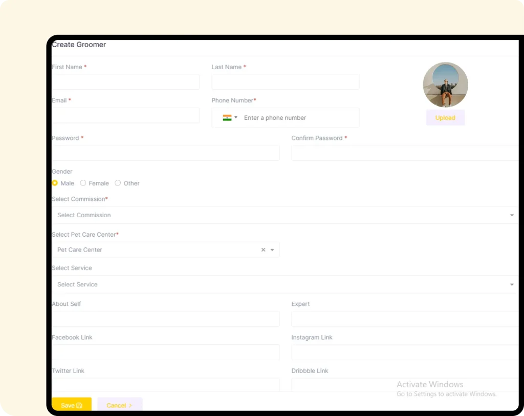 Interface of furzoy software which shows Create New Groomer