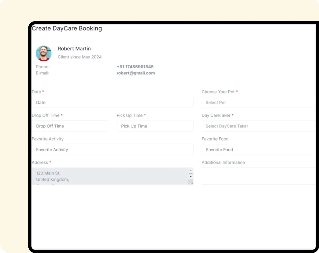 Interface of furzoy software which shows Create Dog Daycare Booking