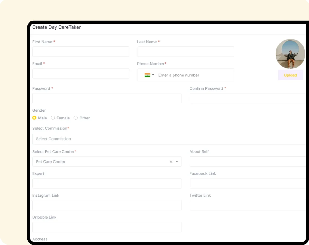 Interface of furzoy software which shows Create Dog Daycare Taker