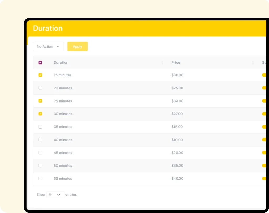 interface of furzoy software which shows Pet Training Duration List