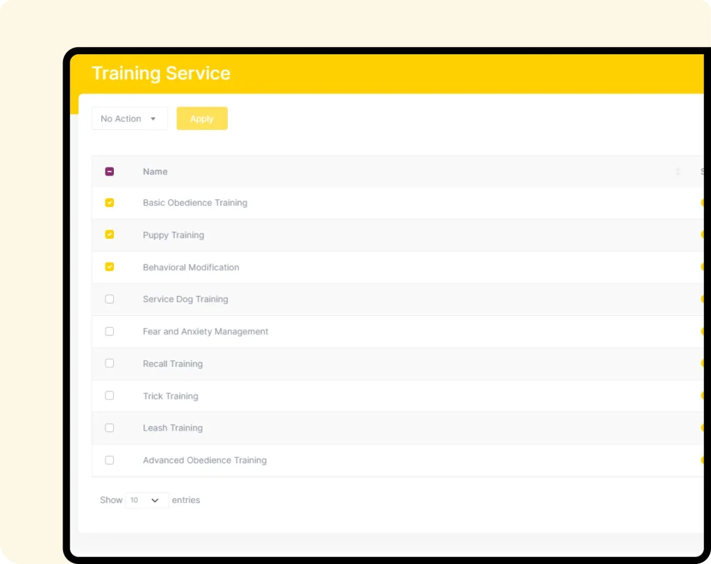 Interface of furzoy software which shows Pet Training Type List