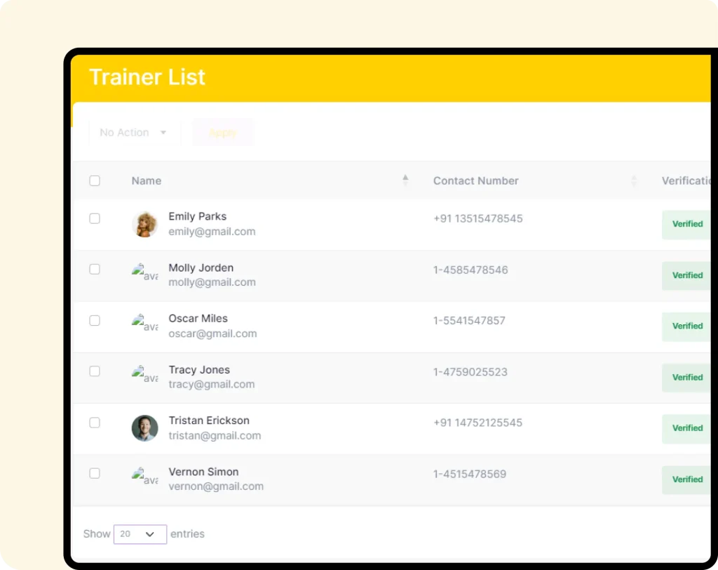 interface of furzoy software which shows Trainer List​