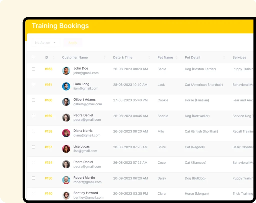 interface of furzoy software which shows Dog Training Bookings List